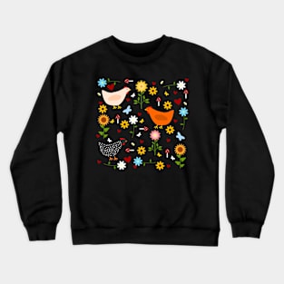 Chickens in the Garden with Sunflowers, Daisies, Dahlias, Hearts, and Mushrooms Crewneck Sweatshirt